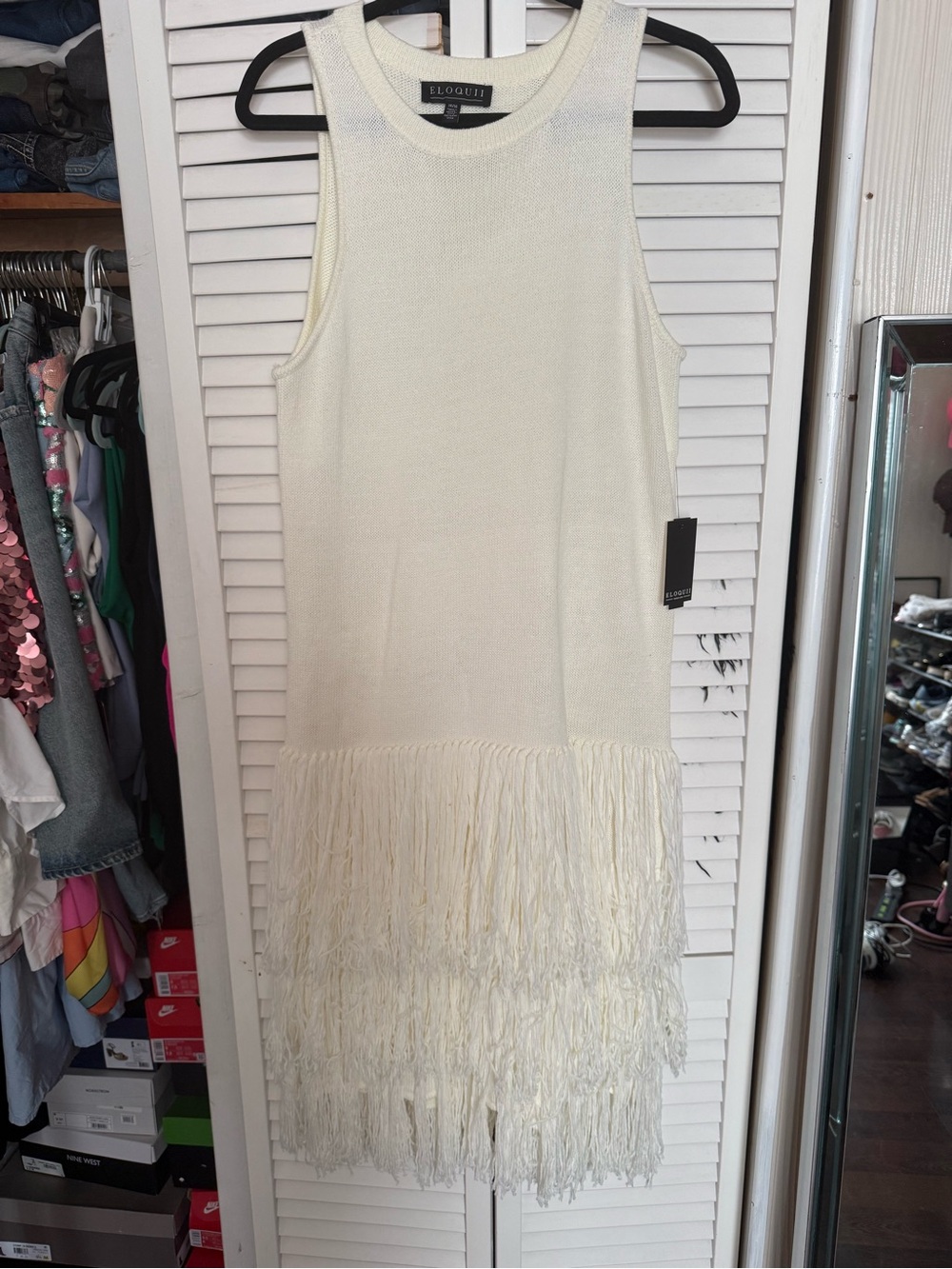 Eloquii Cream Fringe Knit Shift Dress